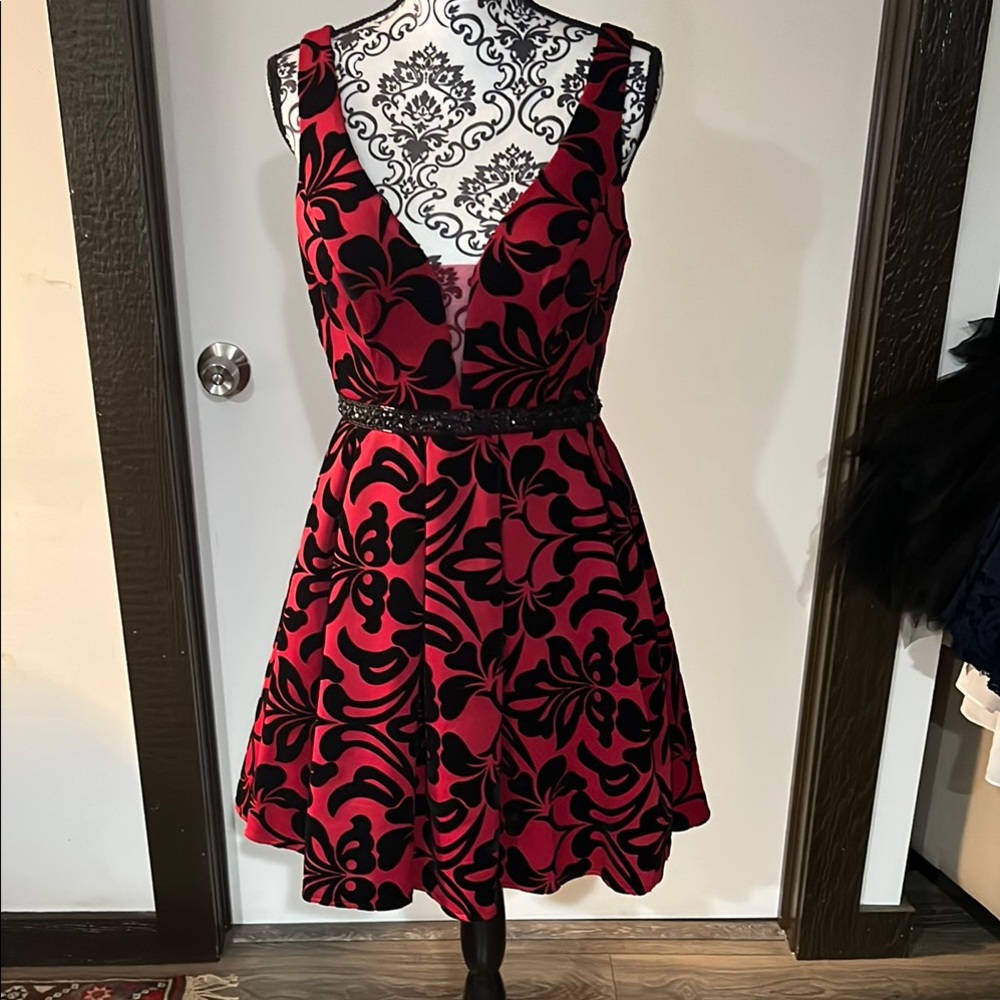 Red and Black Sleeveless V-Neck Mini Dress